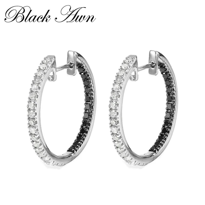 Black Awn 2020 New Classic 925 Sterling Silver Round Black Trendy Spinel Engagement Hoop Earrings for Women Fine Jewelry I189