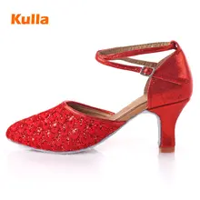 Женская обувь для латинских танцев; Обувь для бальных танцев с закрытым носком; Танцевальная обувь для девочек; цвет красный, золотой; обувь для сальсы; обувь на высоком каблуке 5/7 см; мягкая подошва