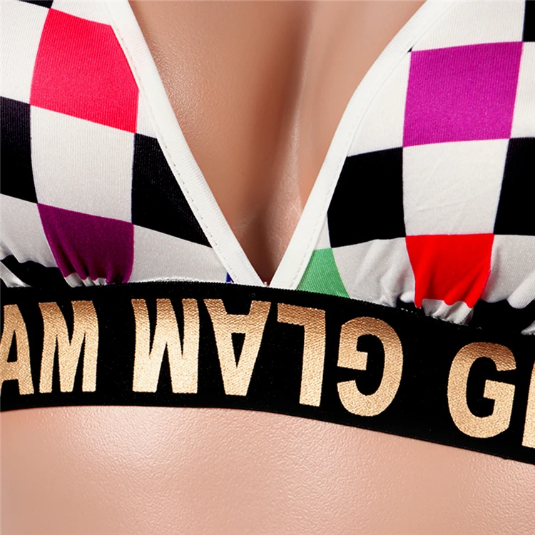 TY7014 sexy contrast color plaid spaghetti strap plaid sports bra shorts two piece set
