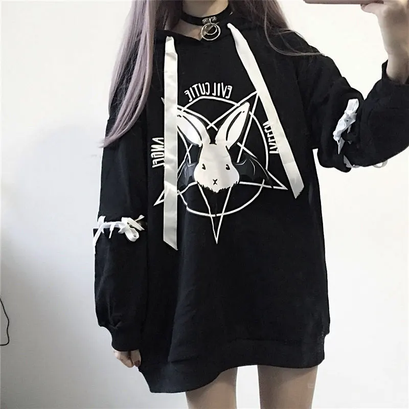 InsGoth Harajuku Penttagram напечатаны на шнуровке женские толстовки, худи готический панк оверсайз толстовка с капюшоном Женский пуловер