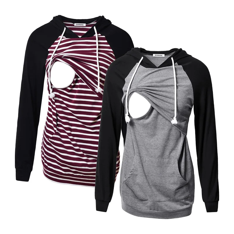 Maternity Nursing Hoodie Long Sleeve Striped Pregnant Women Tops Breastfeeding Sweatshirt Nurse Clothes For Spring Autumn breastfeeding pregnant top