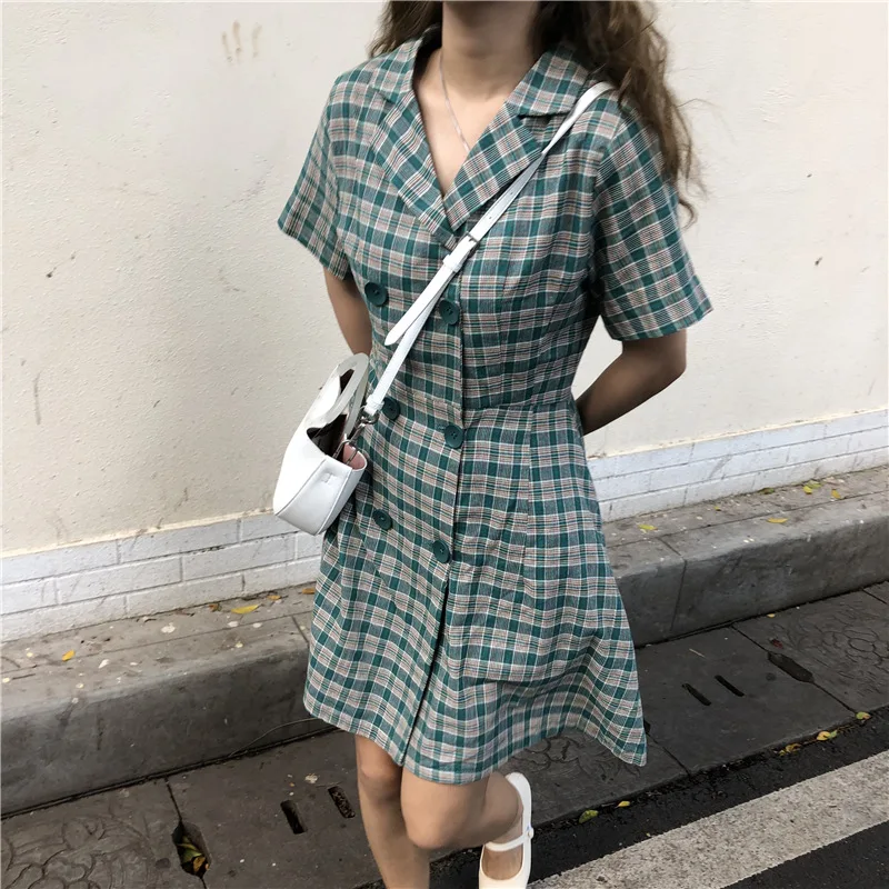 

2019 New Style Mid-length Waist Hugging A- line Double Breasted Suit Collar Plaid Dress Women's Summer