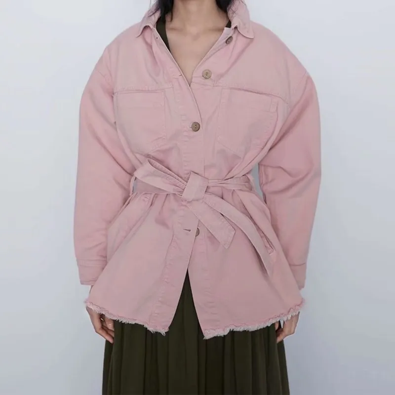 

Double Pockets Denim Women Jacket Spring 2019 Casual Sashes Jeans Loose Long Coats Female Chaquetas Mujer