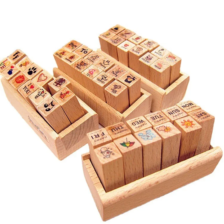 

12 Pcs Mini Love Heart Week Travel Cute Wooden Rubber Stamps Diy Diary Scrapbook Stamps Set With Wooden Box For Card Making