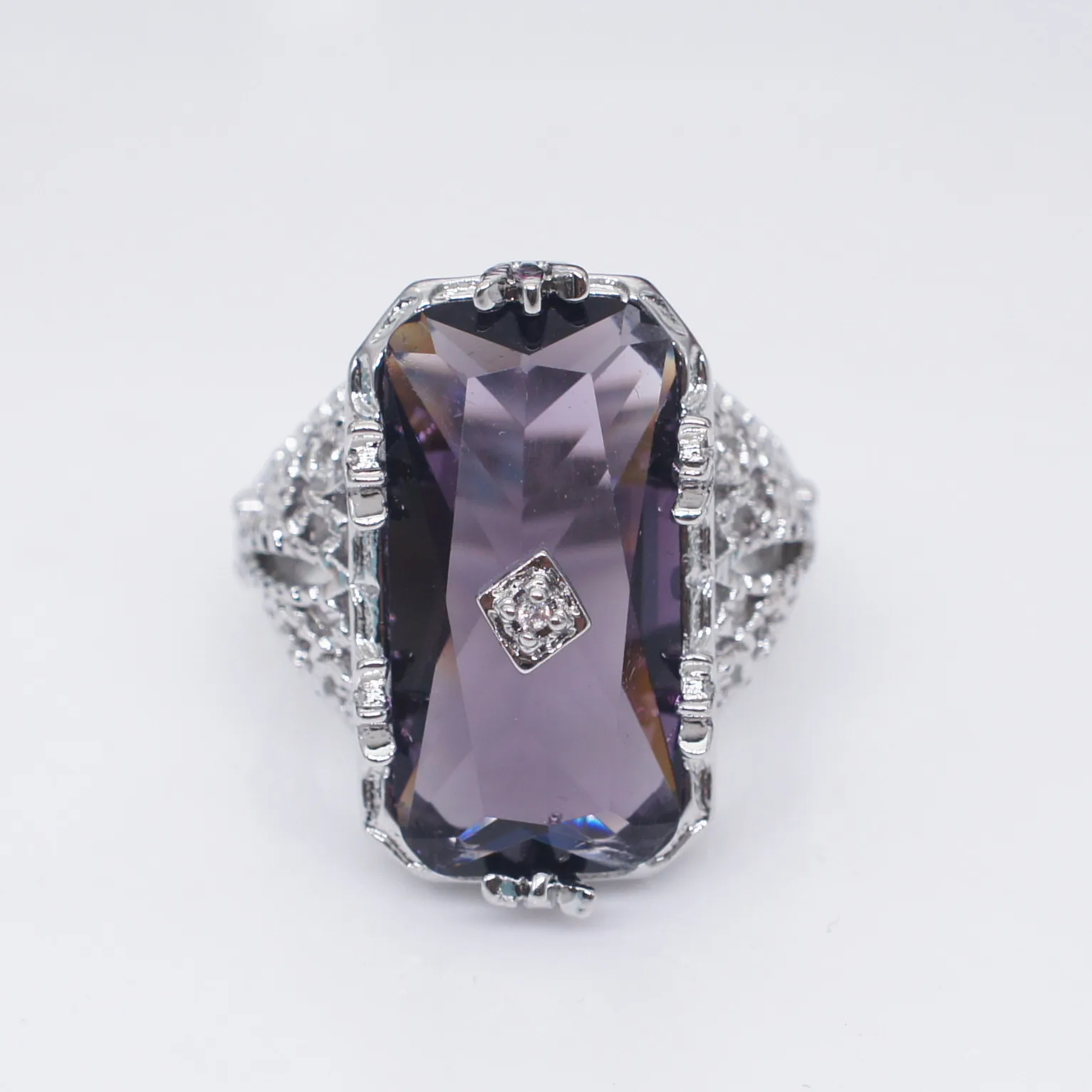 925 Серебряное кольцо фаска прямоугольное Аметист принцесса драгоценный камень кольцо полый цветок женское кольцо ювелирные изделия для женщин