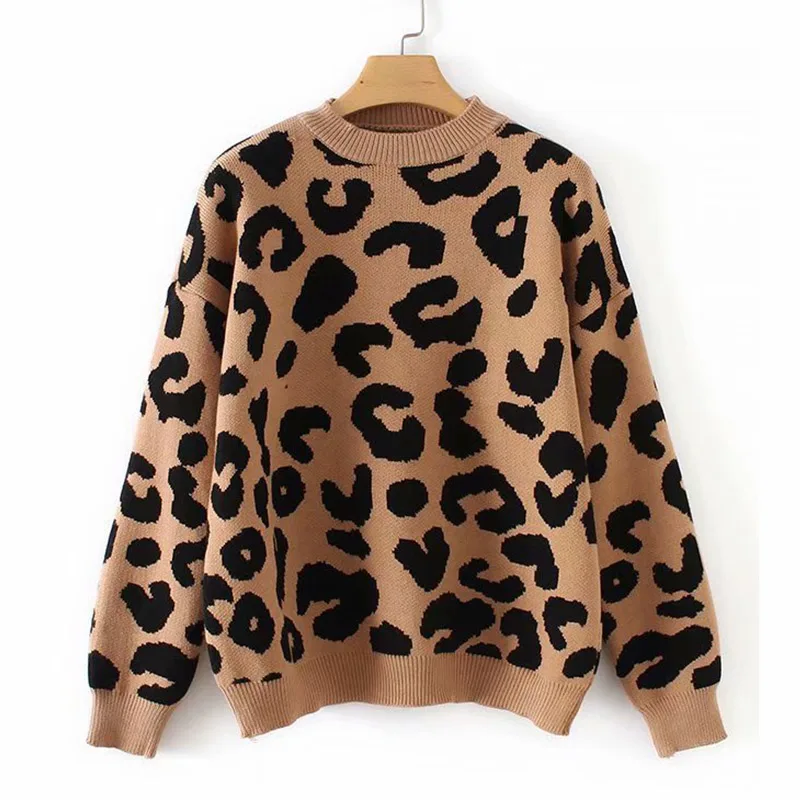 Женский леопардовый вязаный свитер, зимний толстый женский пуловер с длинным рукавом, осень, модные повседневные топы, вязаные свитера для девушек