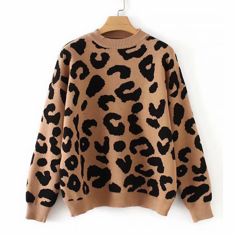 Online Suéter de punto de leopardo para mujer Jersey de invierno grueso de manga larga para mujer 2019 otoño moda casual camisetas de punto suéteres para mujer