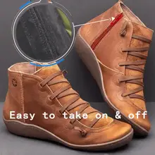 Г. Женские зимние ботинки из искусственной кожи, ботильоны на плоской подошве женские короткие коричневые ботинки на меху, женские ботинки с боковой молнией, 35-43