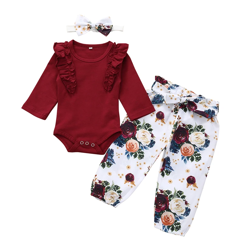 Комплект одежды для новорожденных девочек, толстовки с цветочным принтом топы, штаны повязка на голову, наряды хлопковая одежда для девочек осенний комплект из 3 предметов для детей от 0 до 18 месяцев - Цвет: Красный