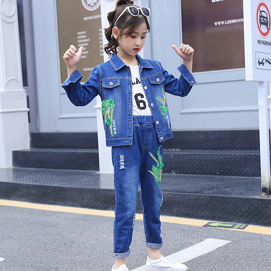 

Girls Denim Clothes Leaf Embroidery Coat + Jeans Children's Clothes For Girls Spring Autumn Costume Child 6 8 10 12 13 14 Year