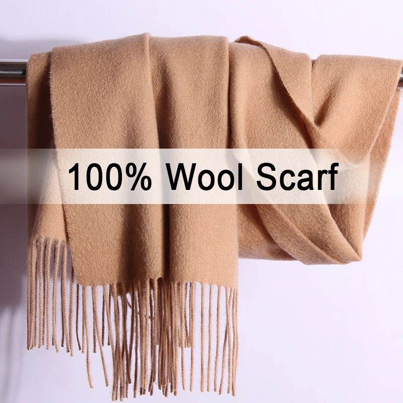  100% Pure Wool Scarf Winter Women Solid Brown Echarpe Wraps for Ladies Pashmina with Tassel Warm Me
