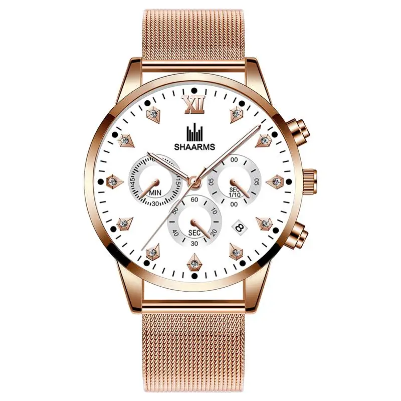 Rose Gold White SHAARMS, модные мужские наручные часы, синие, DialCasual, кварцевые часы из нержавеющей стали, сетчатый ремешок, часы с датой, Reloj Hombre - Цвет: Rose Gold White