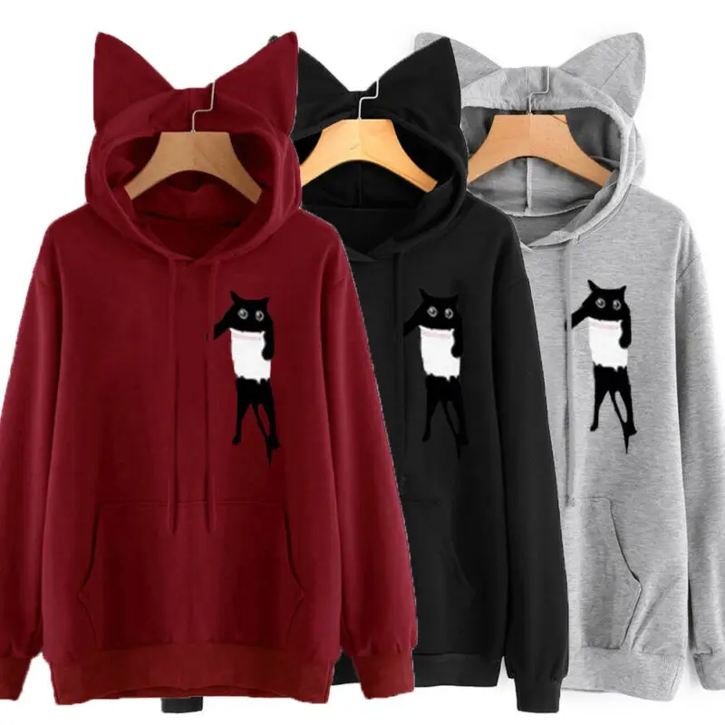 Girls Hoodie Sweatshirt Casual Cute Cat Ear Hooded Coat Tops Long Sleeve Blouse Animals Printed Sports Pullover Autumn Coats | Женская