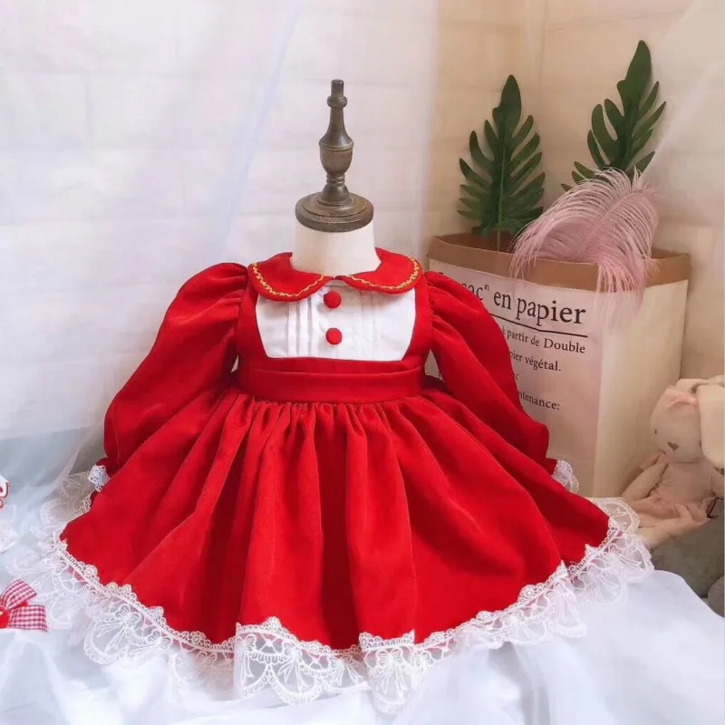 2019 Winter Spanish Retro Red Dress Festival Elegant Doll Collar Embroidered Quality Christmas Girls | Детская одежда и обувь