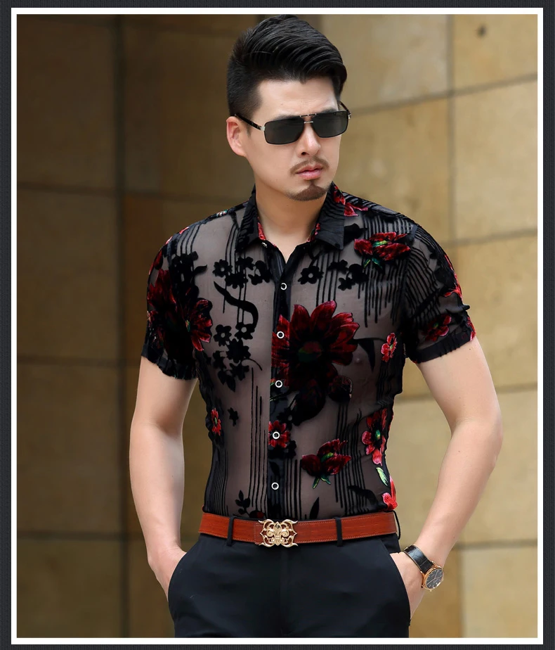 Men Club Party New DJ Prom Shirt Short Sleeve Chemise Homme Transparent Flower Velvet Shirt Men See Through Lace casual short sleeved shirt,short sleeved shirt,men mesh shirts,men party shirt