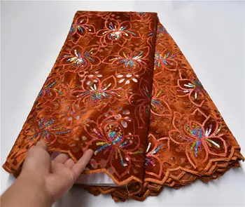 

Orange Sequence Lace velvet lace fabric High quality embroidered french mesh tulle lace fabrics with sequins PSA932-1