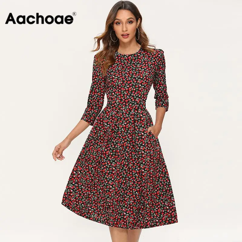Aachoae Printed Dress For Women 2020 Vintage Three Quarter Sleeve Draped Dress Autumn Round Neck A-line Midi Dresses Vestido Aachoae Printed Dress For Women 2020 Vintage Three Quarter Sleeve Draped Dress Autumn Round Neck A-line Midi Dresses Vestido