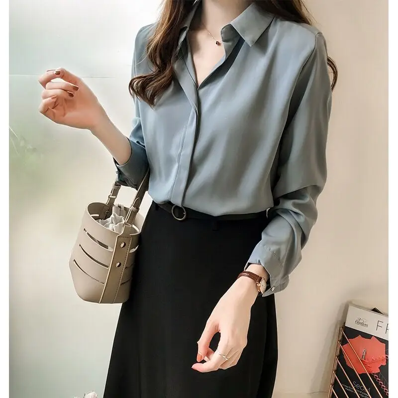 

Autumn Clothing New Style Korean-style Elegant Solid Color Shirt Women Long Sleeve Tops Simple Ol Chiffon Shirt Base Shirt