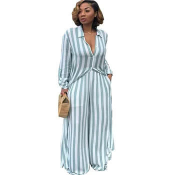 

Elegant Striped Two Piece Set Casual Long Cardigan Coat Shirt Top + Wide Leg Pants Women Sets Office Lady Pockets Women Outfit