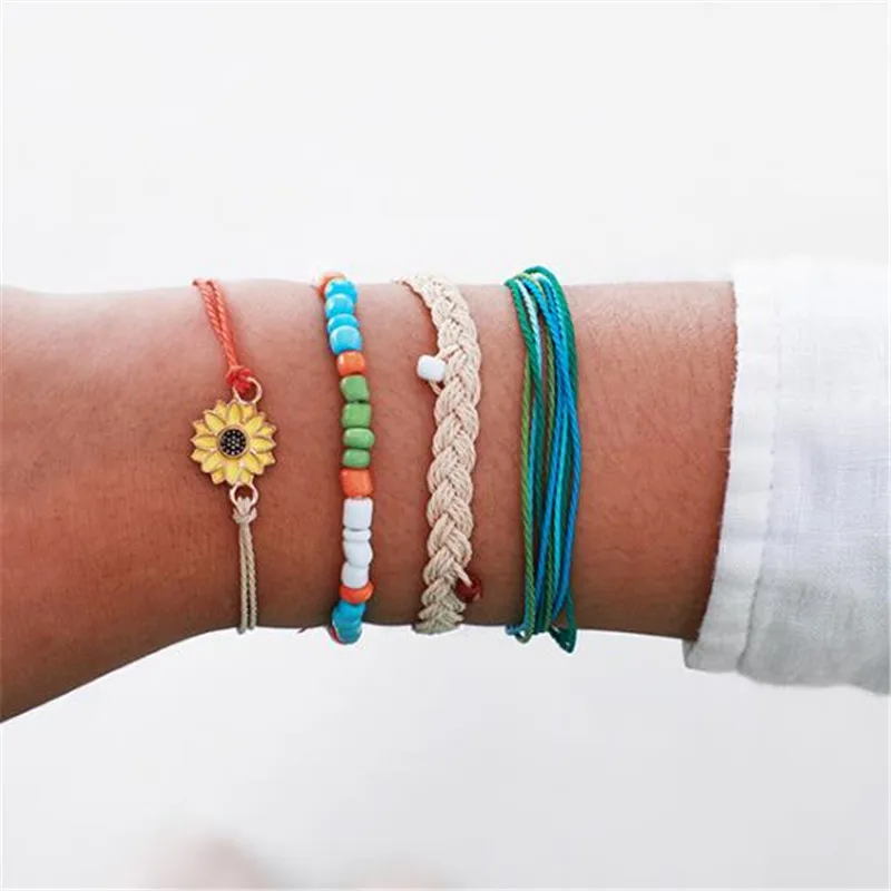DIEZI 10 Style Bohemian Handmade Braided Flower Coconut tree Bracelet Sets For Women Men Weave Rope Bracelets& Bangles Jewelry - Окраска металла: yellow flower