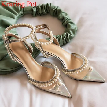 

Krazing pot superstar cozy pearl pointed toe women sandals shallow high heels ankle strap summer wedding nightclub shoes L02