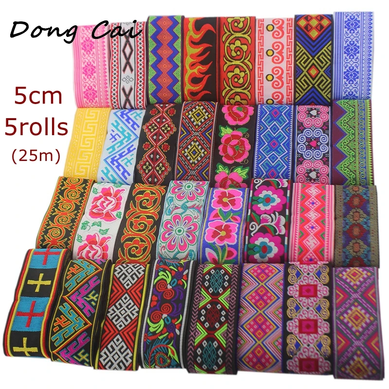 

5rolls(25m)/lot 5cm fabric embroidered ribbon for bag guitar sewing decorate Stage costume garment accessories lace trims Ribbon