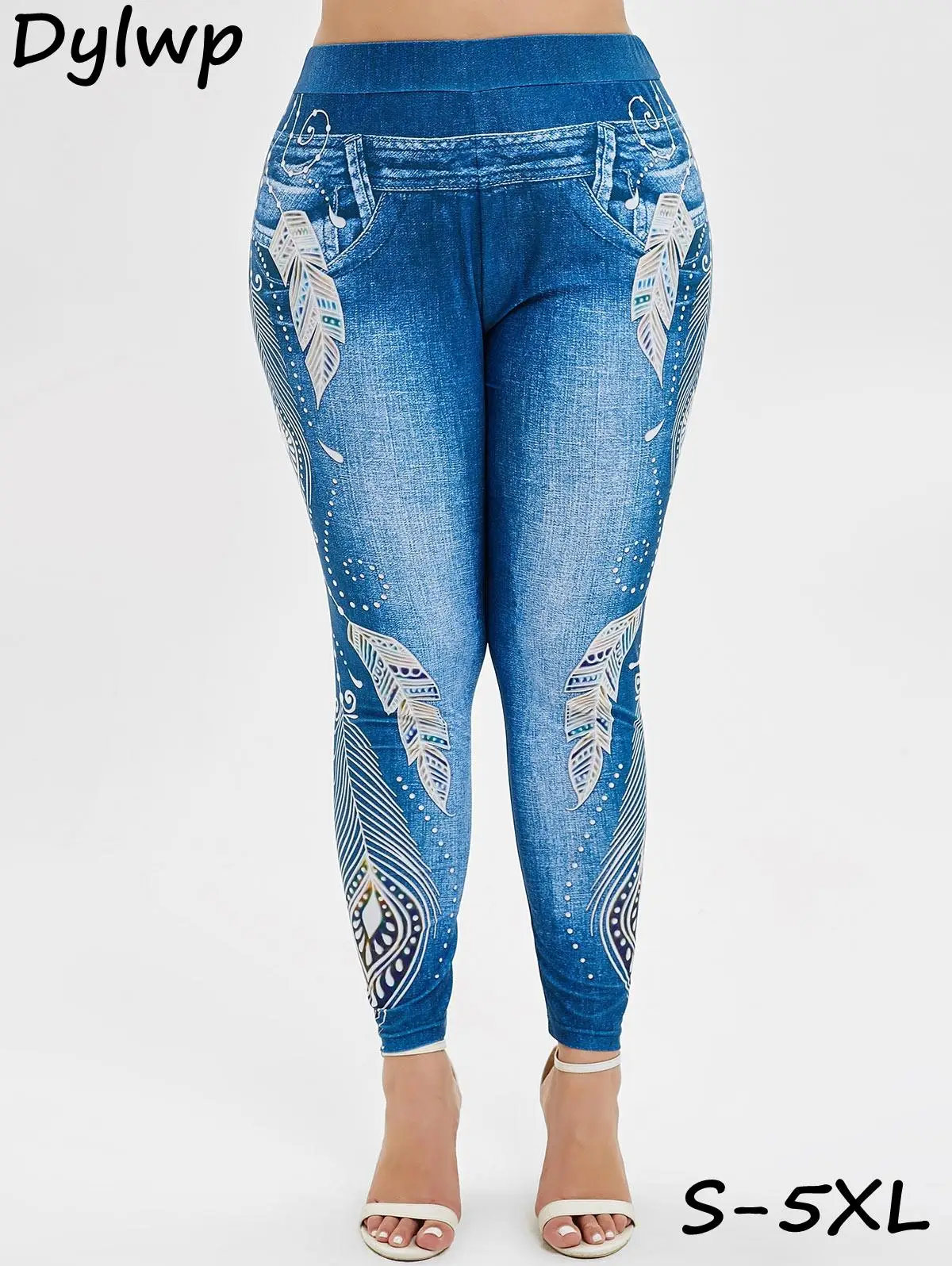 

S-5XL Plus Size Women Leggings High Waist 3D Print Leggings Imitation Denim Elastic Skinny Pants Casual Workout Fitness Legging