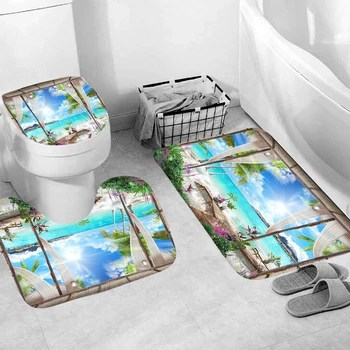 

Seaside Bathroom Rug Set Shower Curtain Bath Mat Non-Slip Toilet Lid Cover With 12 Plastic Hooks Anti-rust Metal Buttonhole