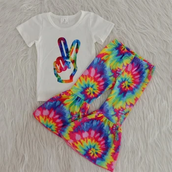 

Fall/Summer newborn baby girl clothes sets fashion OK hand T-shirt & Tie-dye Bell Bottoms Children Wear Kids Clothing Sets