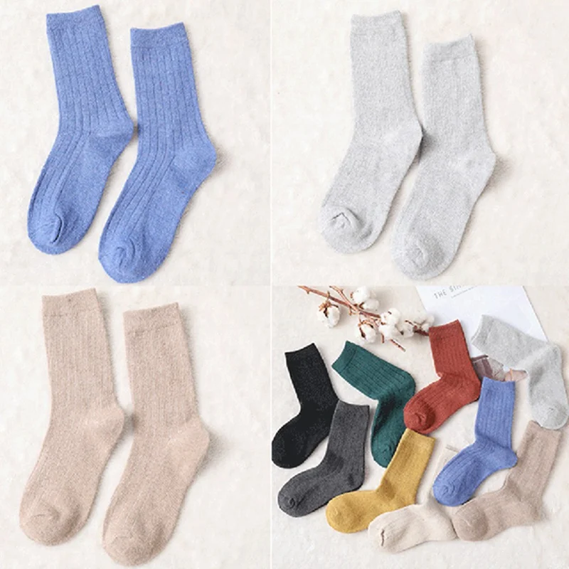 5 Pairs Autumn And Winter New Thickened Medium Tube Woolen Socks For Women Warm Pure Color Socks