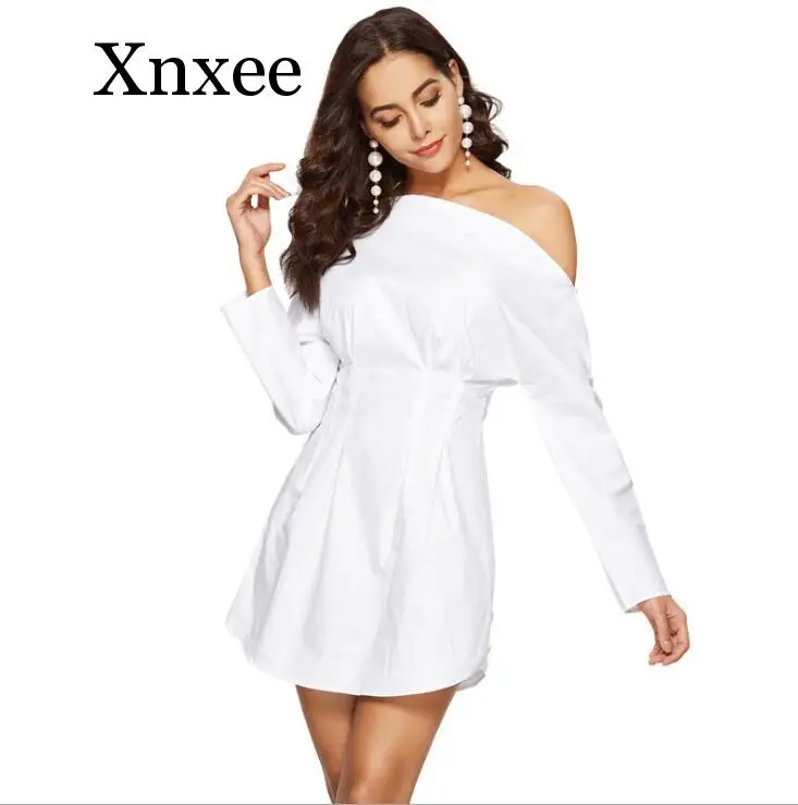 

white blouse dress autumn new European and American women's long-sleeved oblique collar strapless sexy waist dress white shirt