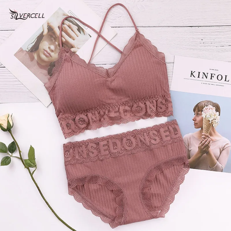 

Cotton Bra Set New Ladies Thread Seamless Solid Beauty Back Tube Top Lace Wire Free Breathable Girl Suit Panties Lingerie Set