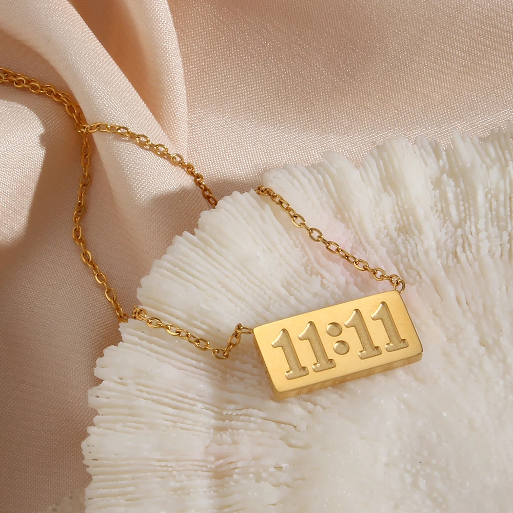 11:11 Rectangle Pendant Plate Necklace Fine Polished Stainless Steel 18K Gold Plated Meaningful Number Jewelry | Украшения и