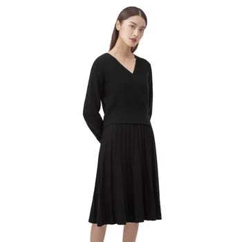 

Pre-sale Autumn Winter Women Dress Knitted Sweater Long Sleeve A-Line Knee-Length Dresses Female V-Neck Casual