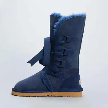 

New Fashion Warm Natural Fur Winter Boots Snow Boots Genuine Sheepskin leather Women Long Boots Lace-up High Shoes