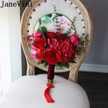

JaneVini Ancient China Bridal Fan Red Rose Burgundy Peony Tassel Artificial Wedding Bouquets Silk Flowers Bride Fan Flores Novia