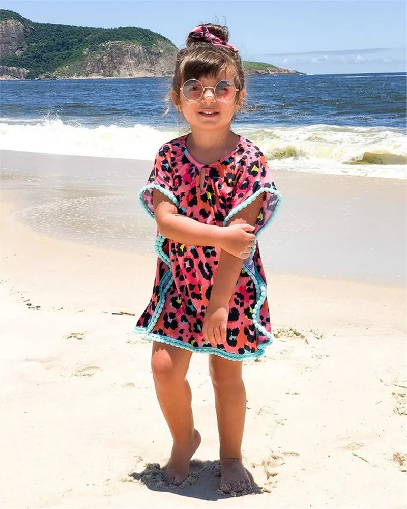 Toddler Baby Girl Swim Cover-Up Leopard/White Print Tassel Sundress Pompom Beach Swimwear Cover Ups Summer Clothes Outfits 0-5T