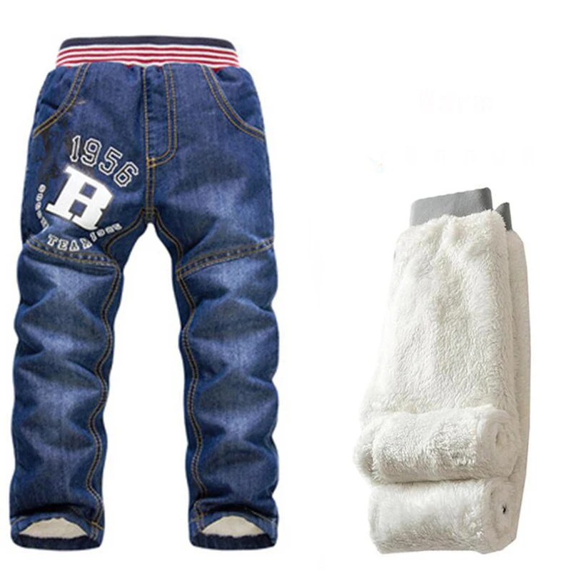 Теплые толстые зимние джинсы с добавлением шерсти для мальчиков и девочек Джинсы-брюки для мальчиков, детские теплые джинсы для отдыха детские зимние брюки