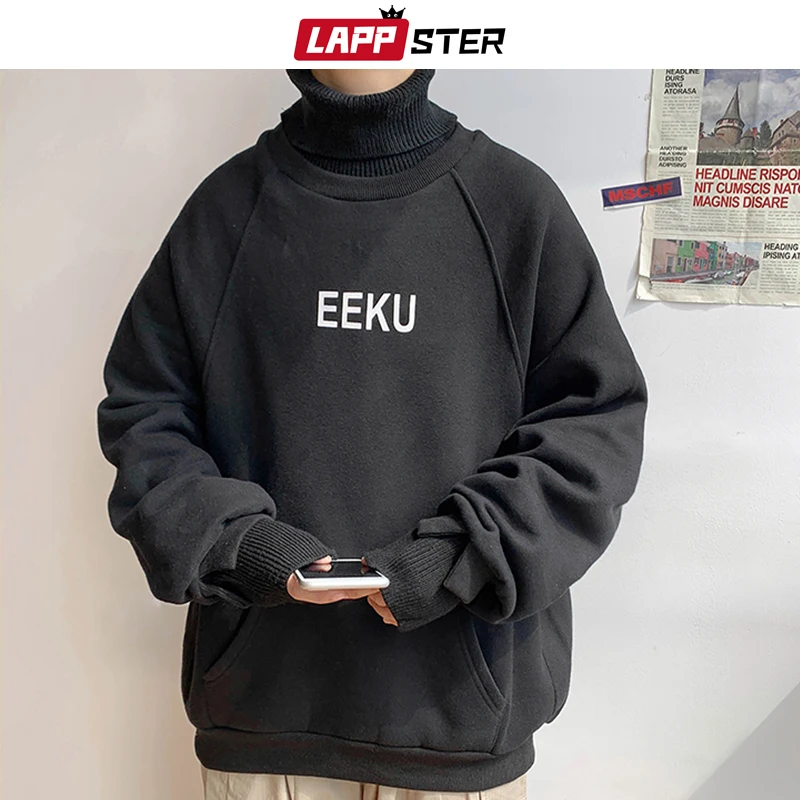 LAPPSTER Мужская водолазка из двух частей Harajuku толстовки мужская Японская уличная одежда толстовка Пара хип хоп толстовка - Цвет: Black