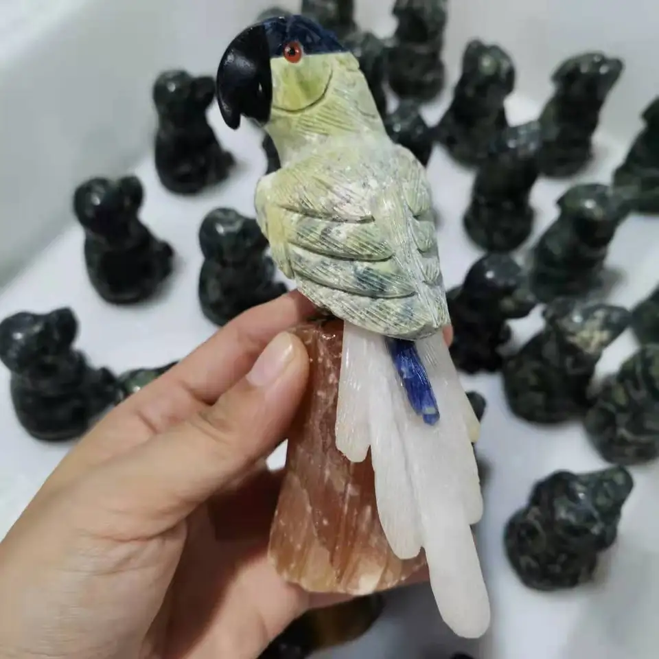 天然石　オウム　置物 プレミアム・石の鳥さんシリーズ【アメジスト＆ローズクォーツのオウム