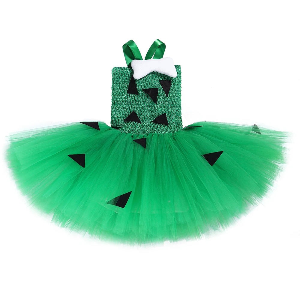 Green Pebbles Tutu Dress for Girls Kids Halloween Costume Children Christmas Dresses Flintstones Bone Cosplay Costumes for Party