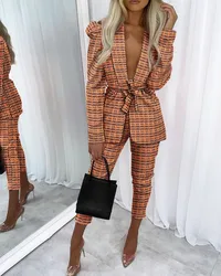 Senhoras de escritório duas peças conjunto moda elegante houndstooth impressão puff manga com cinto blazer casacos & calças conjunto 2021 outono novo