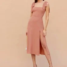 

Women's 2021 Summer Retro Tube Top Temperament Strap Suspenders Square Neck Slit Long Skirt A-line Skirt Pink Sexy Chiffon Dress