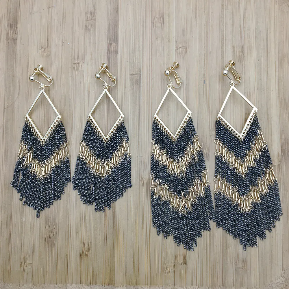 

Multilayer Long Link Chain Tassel Square Drop Earring Clip on Earrings for Women Non-Pierced Charm Ladies Trendy Alloy Jewelry