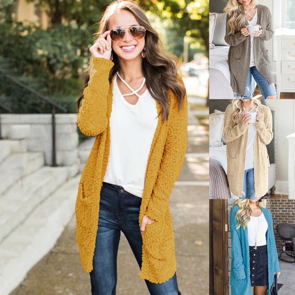 

2020 New Women Thick Warm Sweater Coat For Autumn Winter Casual Long Sleeve Knitted Sweater Pockets Women's Sweaters Autumn Coat