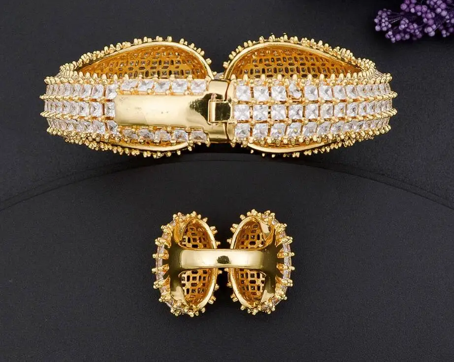 Accking Luxury open CZ African Bangle and Ring set Bridal Jewelry Sets Dubai For Women Wedding Party Accessories Design
