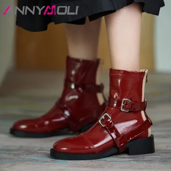 

ANNYMOLI Real Leather Woman Boots Med Heel Ankle Boots Thick Heel Short Boots Buckle Zip Female Shoes Autumn Winter Wine Red 40