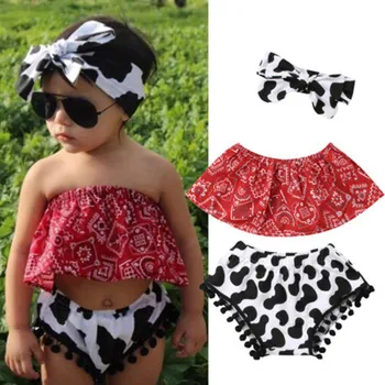 

0-24M Summer 3PCS /set Toddler Kids Baby Girl Boho Floral Off shoulder Tops Cows Brief Tassels Shorts Clothes