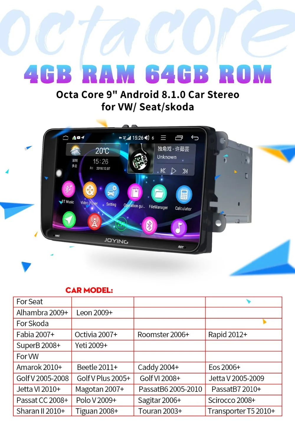 Cheap JOYING 2 din car radio Android 8.1 Octa Core support 4G/DSP/Fast Boot 9" autoradio SWC for VW/Volkswagon Passat/ Golf/Seat/Skoda 9