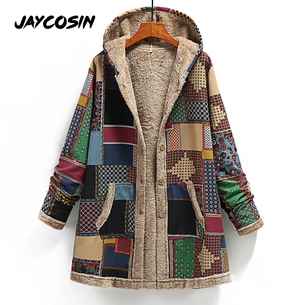 JAYCOSIN, зимнее женское пальто с капюшоном, кашемировое, утолщенное, длинный рукав, сплайсинг, большой размер, Ретро стиль, свободное, Abrigos Mujer Invierno